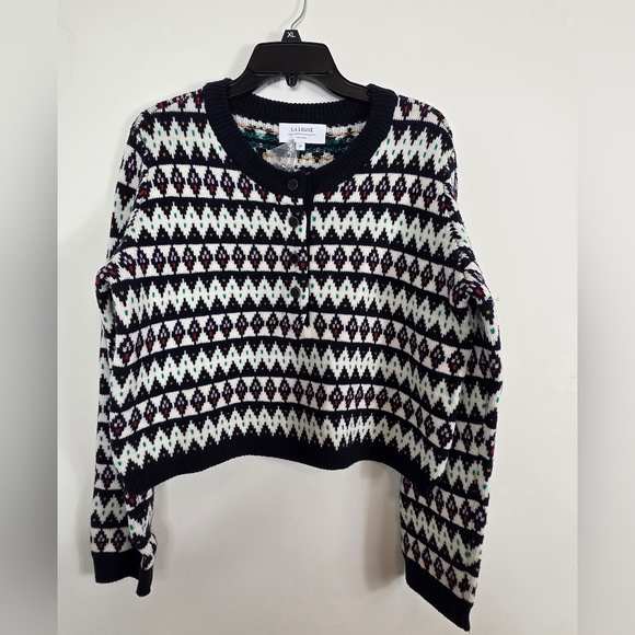 La Ligne Fair Isle Merino Wol Navy Blue Henley Crewneck Pullover Sweater M - Picture 2 of 6